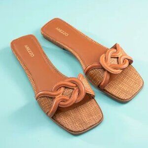 Arezzo Sloane Flat Slide Sandal Square Toe Woven Raffia Leather Strap size 9.5